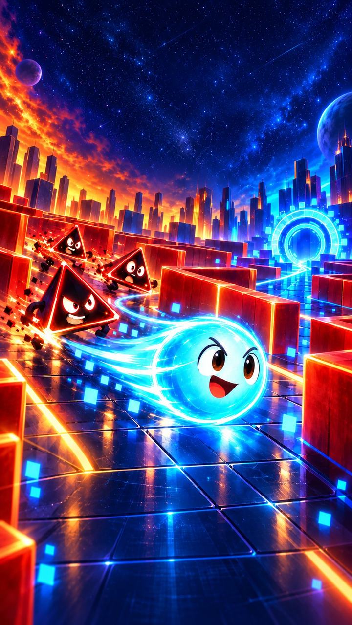 Light Lost menu artwork: a glowing cyan orb races past red triangle enemies toward a portal in a neon city.